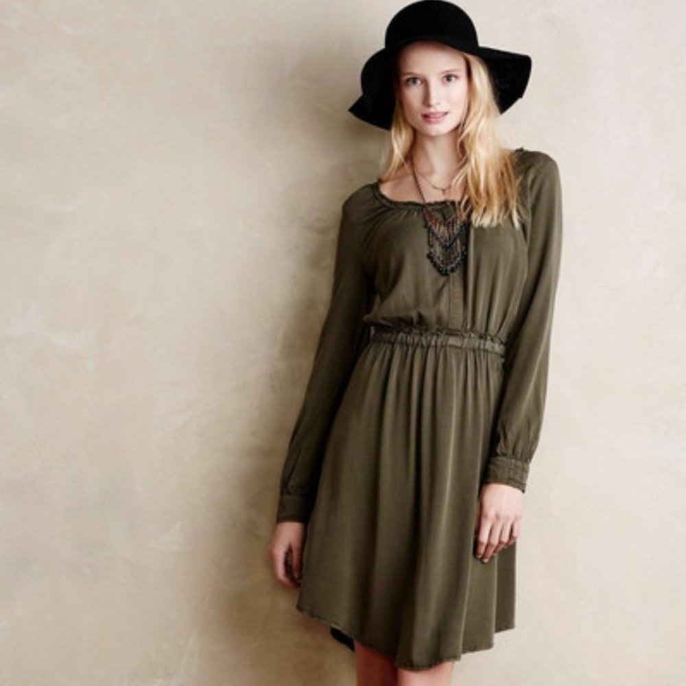 HOLDING HORSES 12 Ocala Moss Olive Green Shirt Dress Tattered Edging